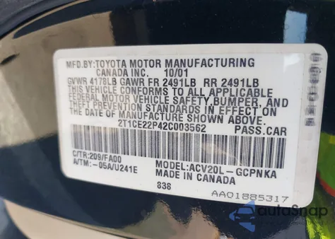 2002 Toyota Camry Solara Se z USA, uszkodzony, nr VIN 2T1CE22P42C003562